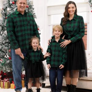Bulk Order Factory Direct Christmas Bulk Family Coordinating Christmas Outfits Black Plaid Shirt & Off Shoulder Tulle Dress Set Black