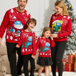 Custom Design Wholesale Family Cartoon Sea Character Christmas Family Loungewear Patterned Sweatshirt Jumpsuit Red