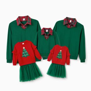 Wholesale OEM Christmas Collection Green Festival Print Wholesale Family Sets Tops & Mesh Splicing Dresses