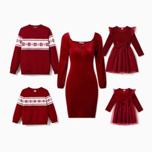 Factory Wholesale Coordinating Christmas Mommy & Me Off Shoulder Snowflake Dresses Sleeveless Red