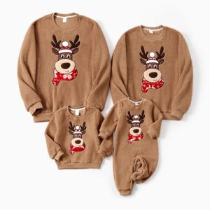 Factory Wholesale Coordinating Christmas Cartoon Reindeer Snowflake Family Long Sleeve Tops Dark Blue