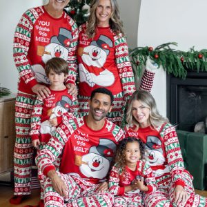 Customizable Bulk Family Matching Holiday Green Character Themed Print Family Pajamas Red with Matching Socks