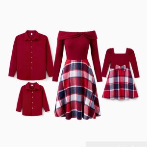 Wholesale Custom Printed Family Mother Daughter Textured Bow Family Dresses Brick Red
