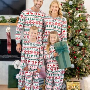 Wholesale Bulk Order Christmas Christmas Allover Print Hooded Onesie Family Pajamas Colorblock with Matching Socks