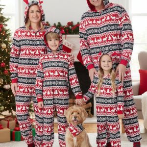 Custom Design Wholesale Family 3D Reindeer Hooded Allover Snowflake & Reindeer Print Family Onesie Red White with Matching Socks
