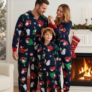 Wholesale OEM Christmas Collection 3D Reindeer Hooded Allover Snowflake & Reindeer Print Family Onesie Red with Matching Socks