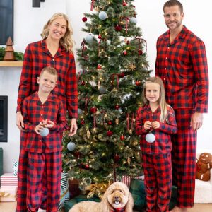 Direct Factory Christmas Family 3D Reindeer Hooded Allover Plaid Print Family Onesie Red with Matching Socks